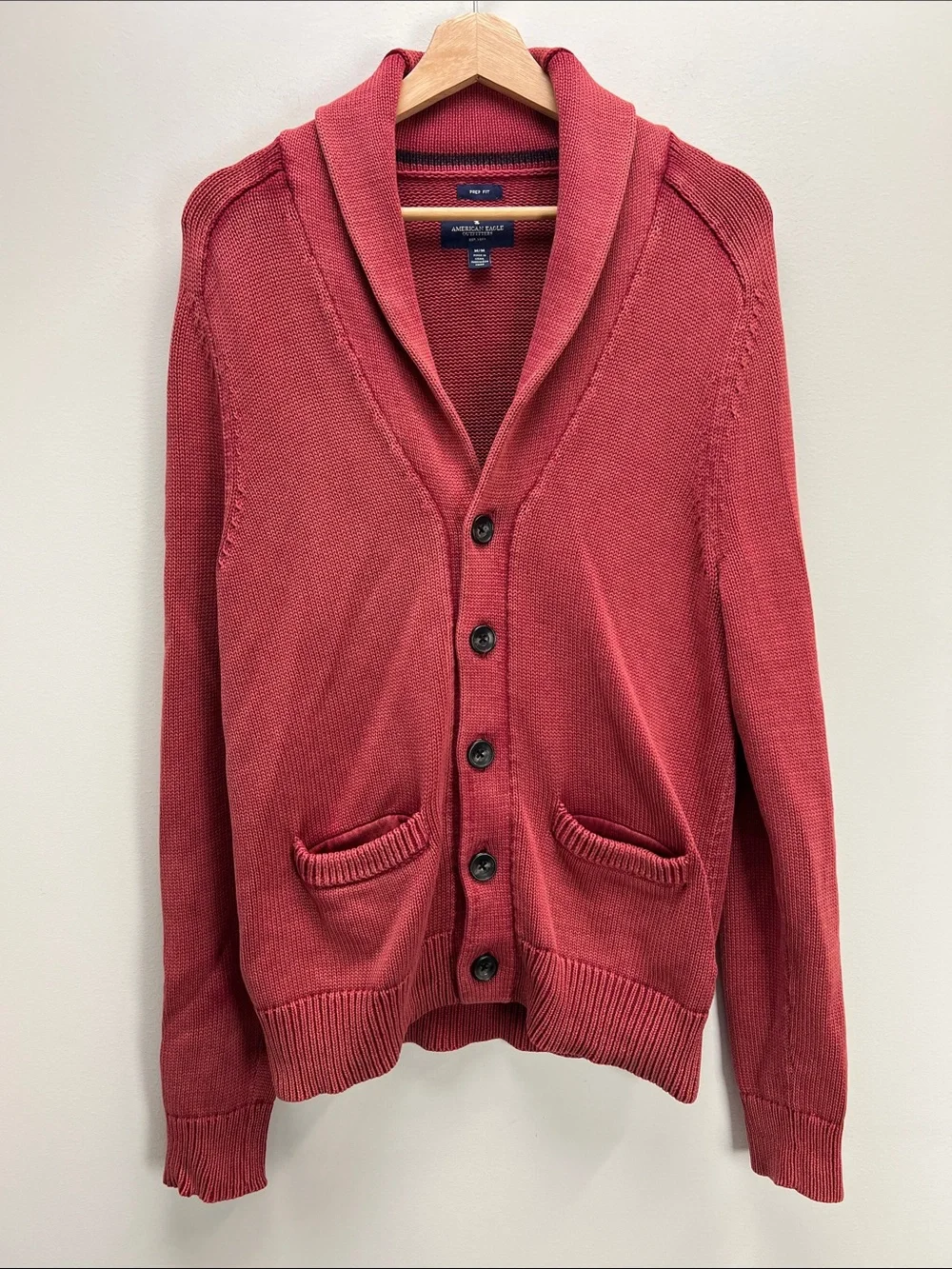 American Eagle Shawl Sweater Red Cardigan Mens Medium Preppy Grandpa Academia